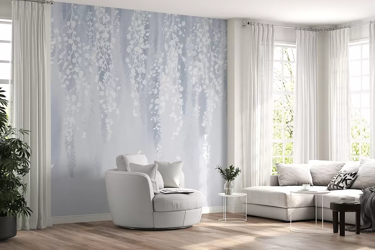 murales de pared Fresca versión azul de ramas con flores blancas w04417v2