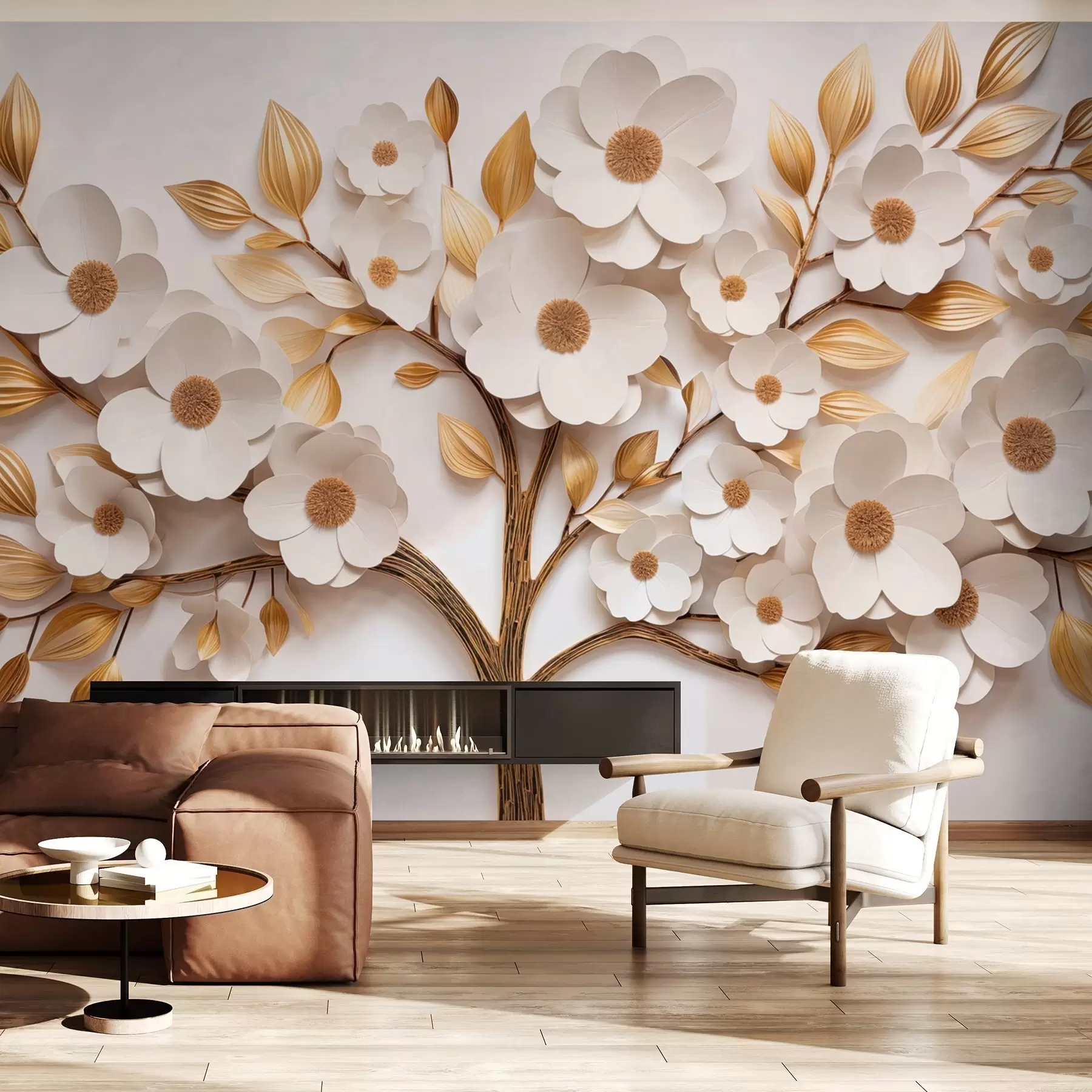 murales de pared Árbol con flores blancas e imitación de hojas en relieve w09348