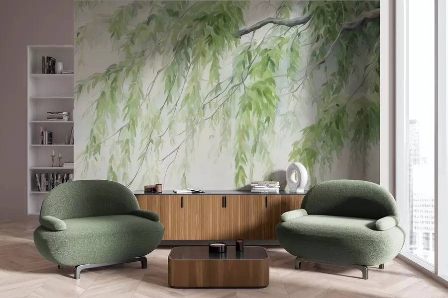 murales de pared Ramas de sauce llorón con hojas verdes colgando, pinceladas suaves y delicadas, estilo de pintura acuarela w09365