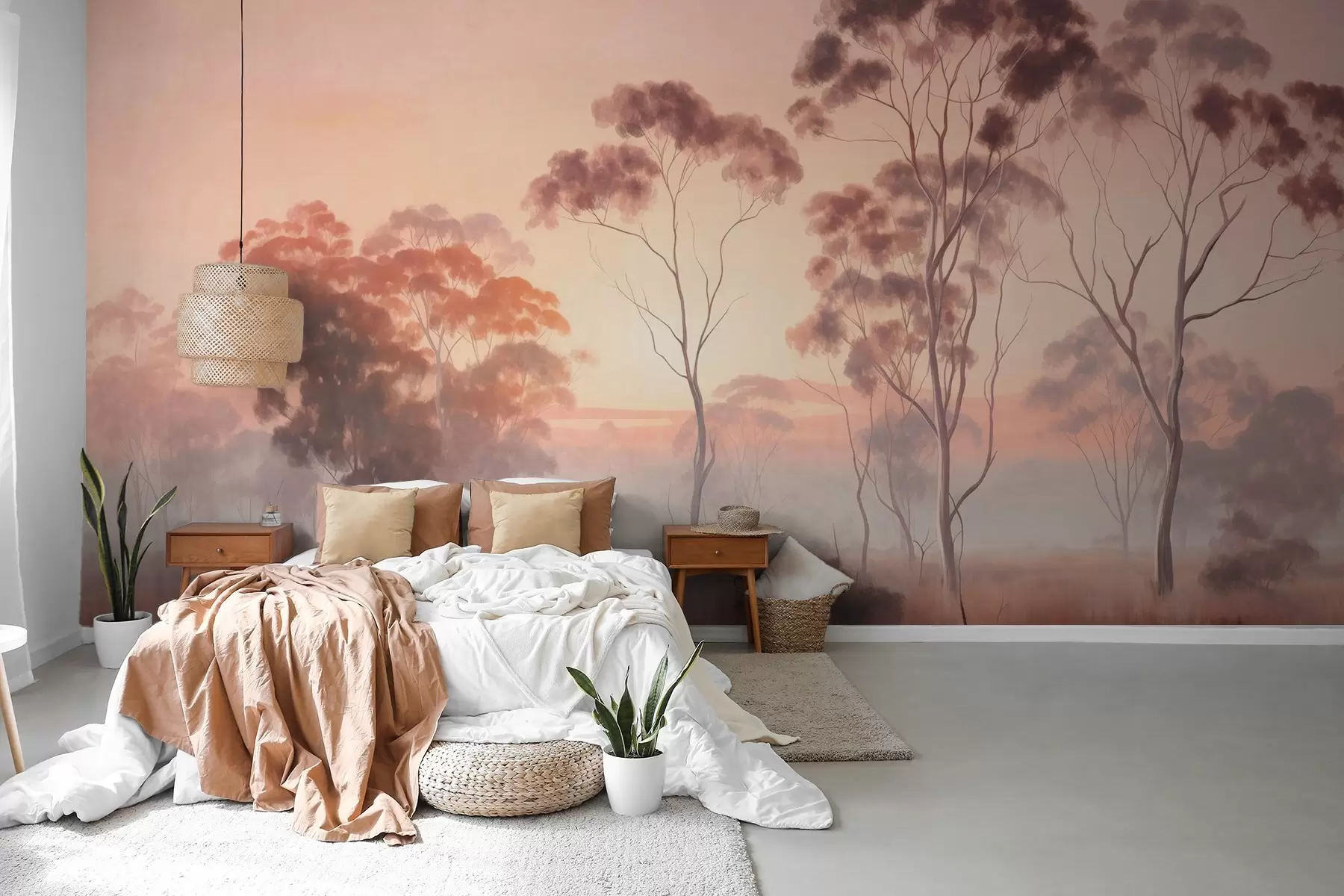 murales de pared Un paisaje con eucaliptos en un campo con cielo rosa pastel y naranja, una ligera niebla, pintura estilo texturizado w09367