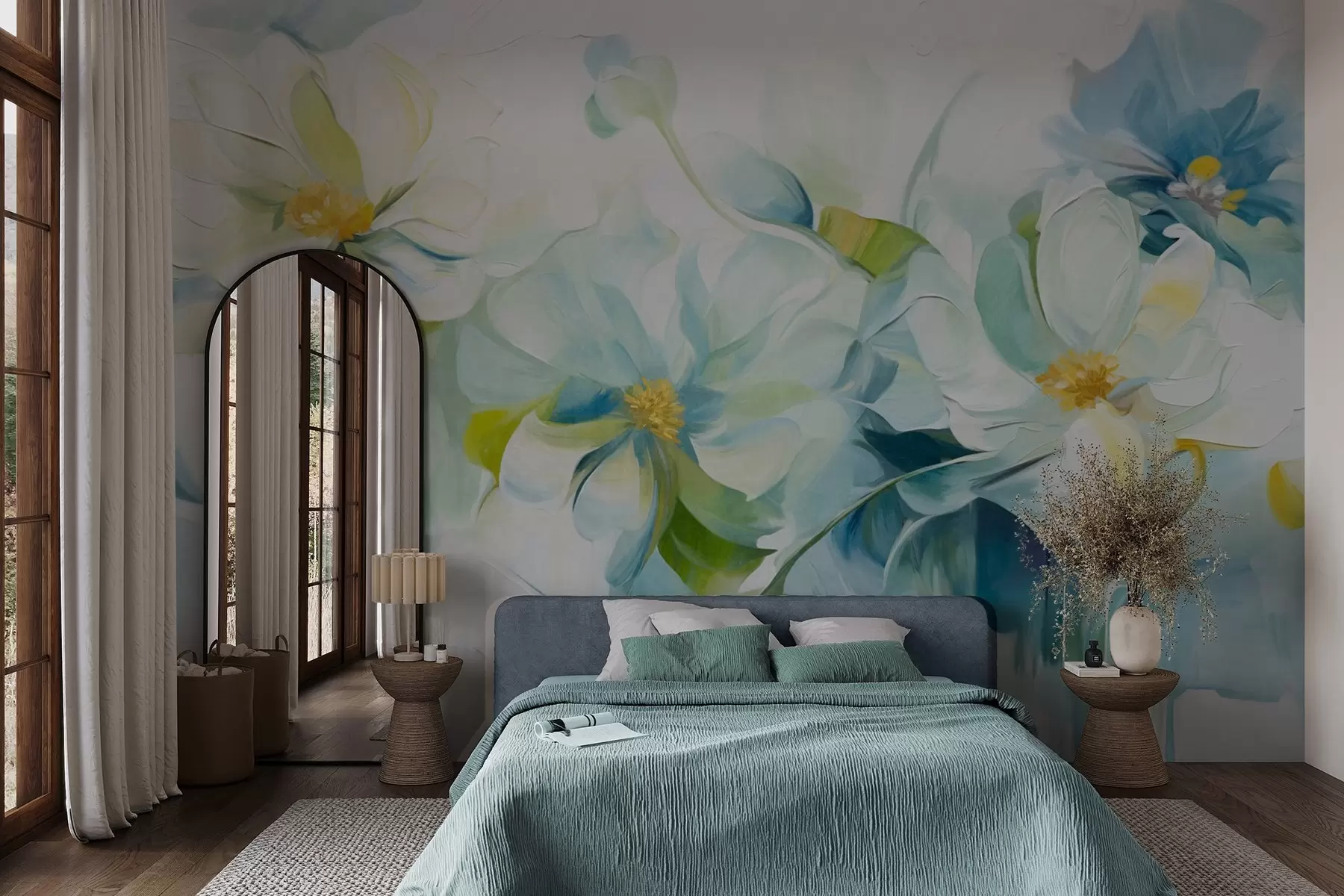 murales de pared Flores abstractas blancas y azules con pistilos amarillos y hojas verdes, en un fondo blanco, estilo de pintura texturizada w09372