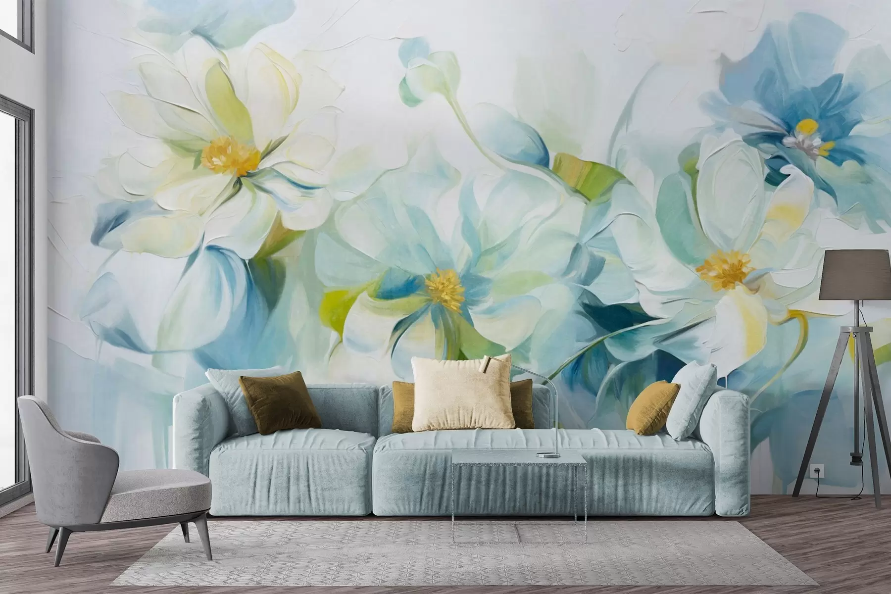 murales de pared Flores abstractas blancas y azules con pistilos amarillos y hojas verdes, en un fondo blanco, estilo de pintura texturizada w09372