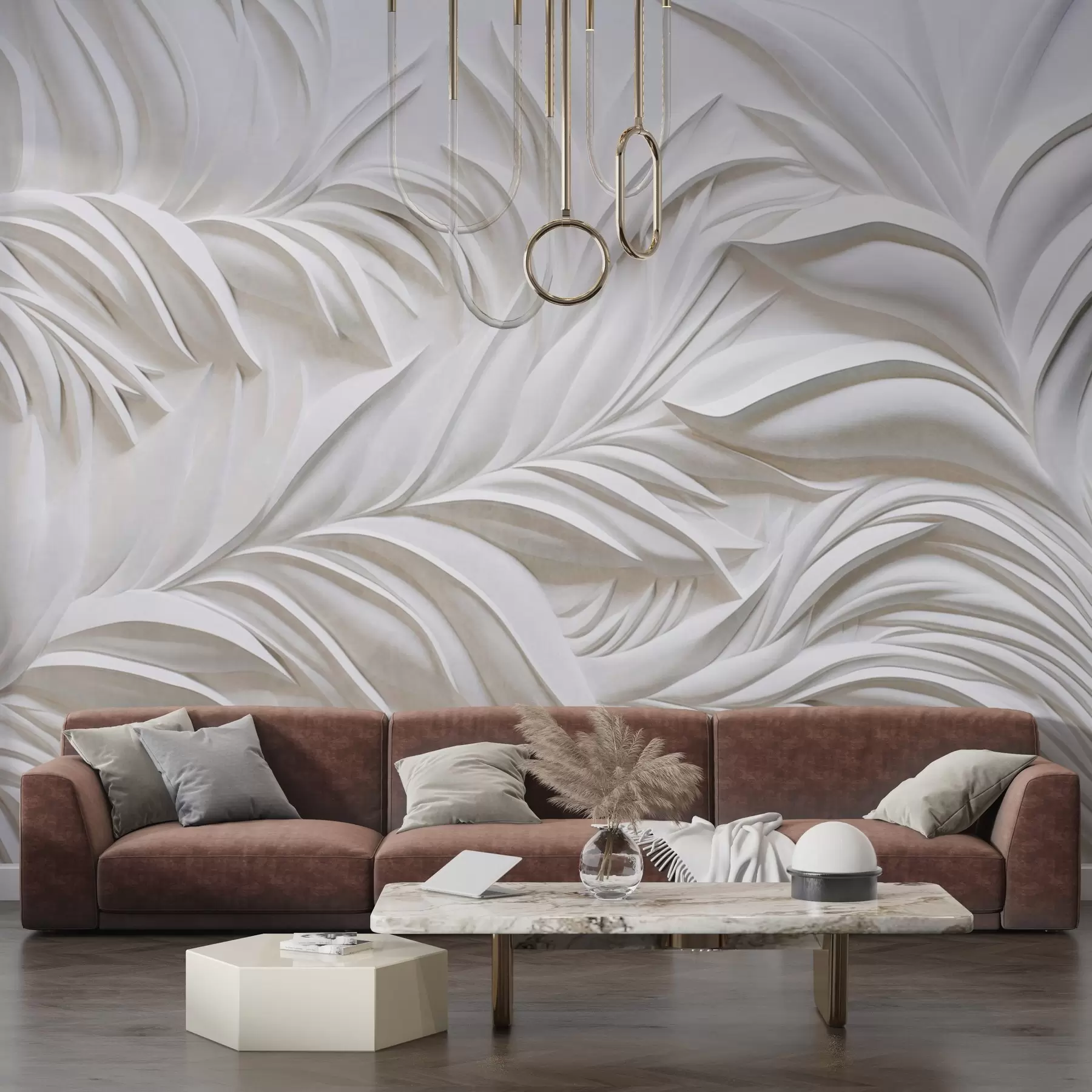 murales de pared Textura abstracta de hojas blancas y elementos florales, estética minimalista w09378