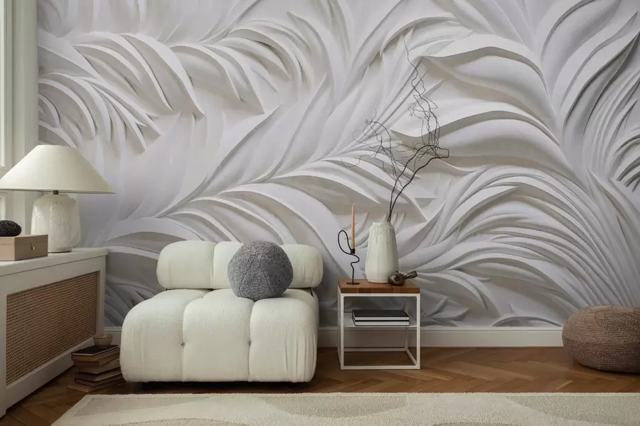 murales de pared Textura abstracta de hojas blancas y elementos florales, estética minimalista w09378