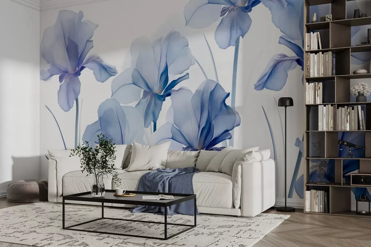 murales de pared Flores de iris azules con pétalos translúcidos y tallos largos, dispuestas en fila sobre un fondo azul, suave y texturizado w09379