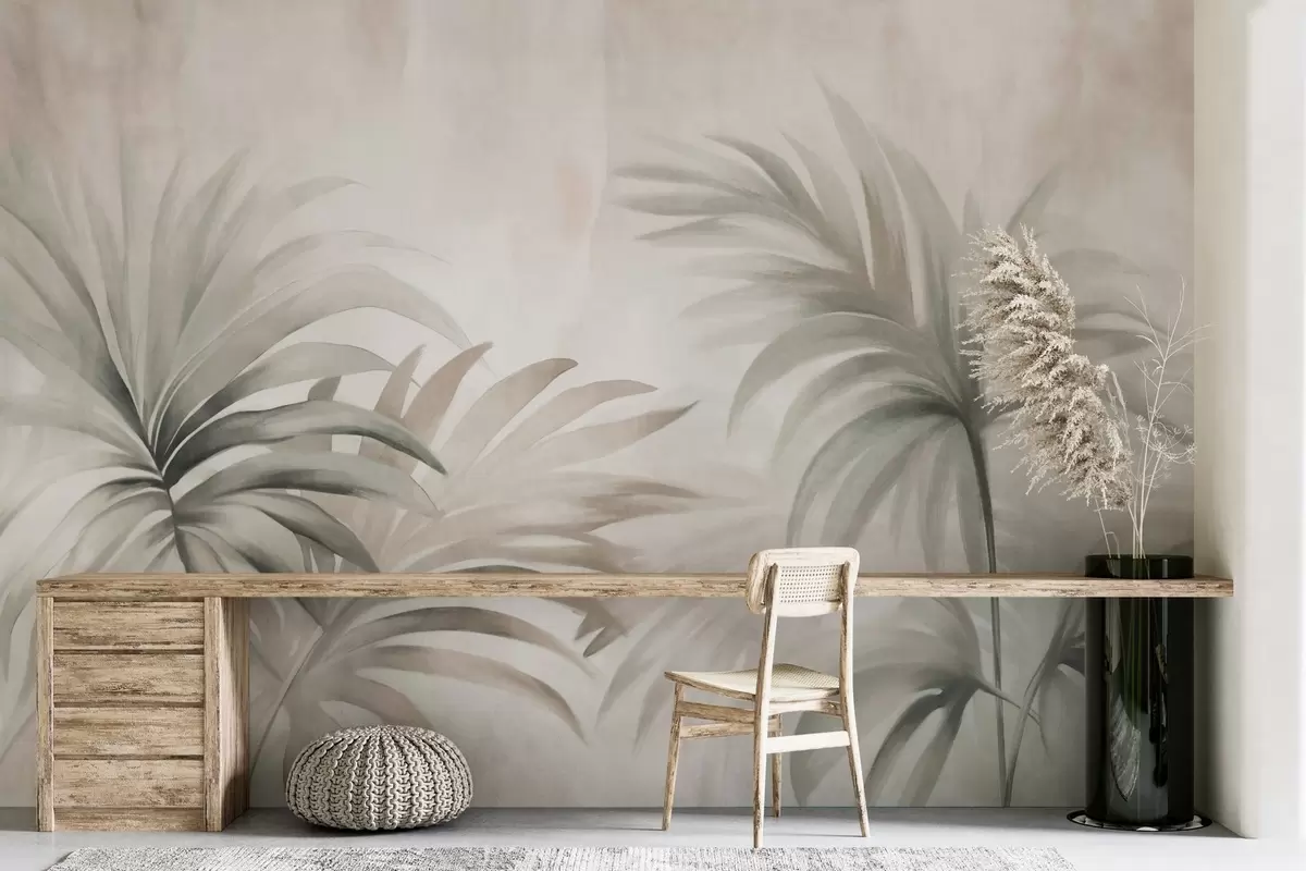 murales de pared Hojas de palmera texturizadas en colores neutros, fondo abstracto beige, pinceladas suaves, follaje tropical texturizado w09380