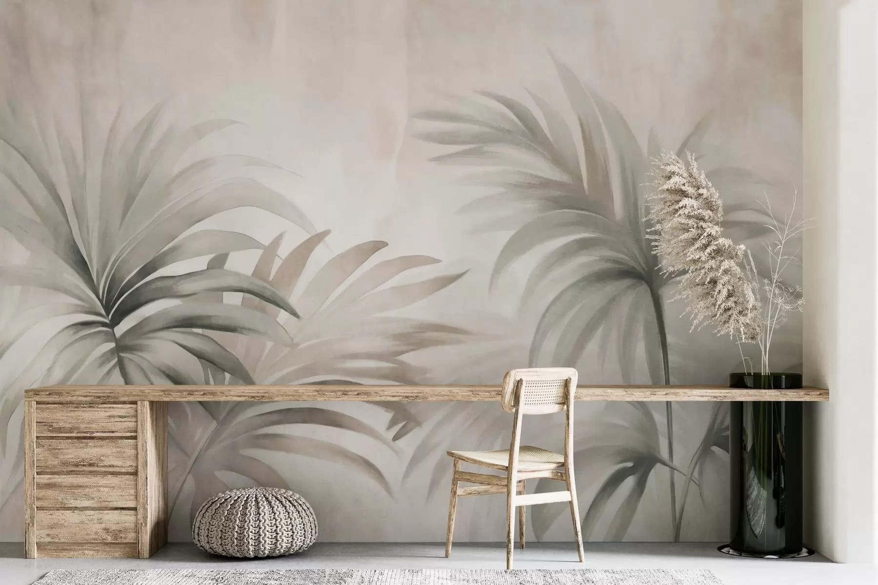 murales de pared Hojas de palmera texturizadas en colores neutros, fondo abstracto beige, pinceladas suaves, follaje tropical texturizado w09380