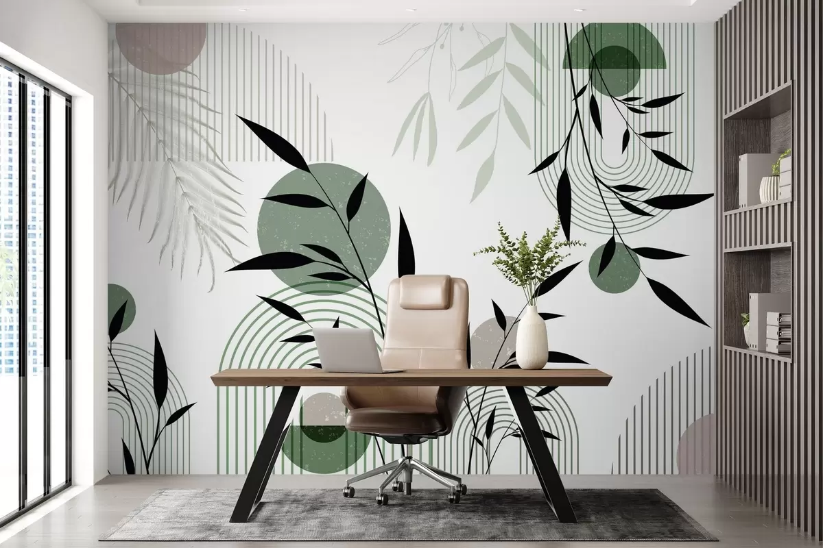 murales de pared Estampado abstracto texturizado con formas geométricas, círculos y arcos y plantas negras y verdes sobre fondo blanco w09384