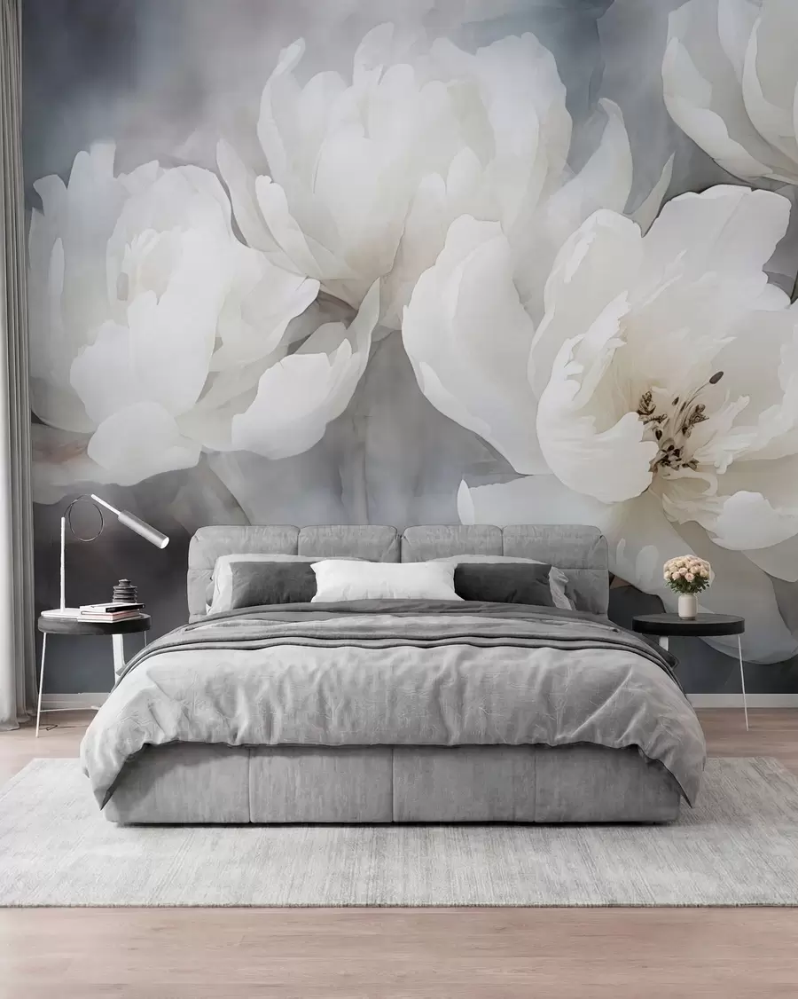 murales de pared Flores blancas sobre un fondo brumoso y delicado w04441