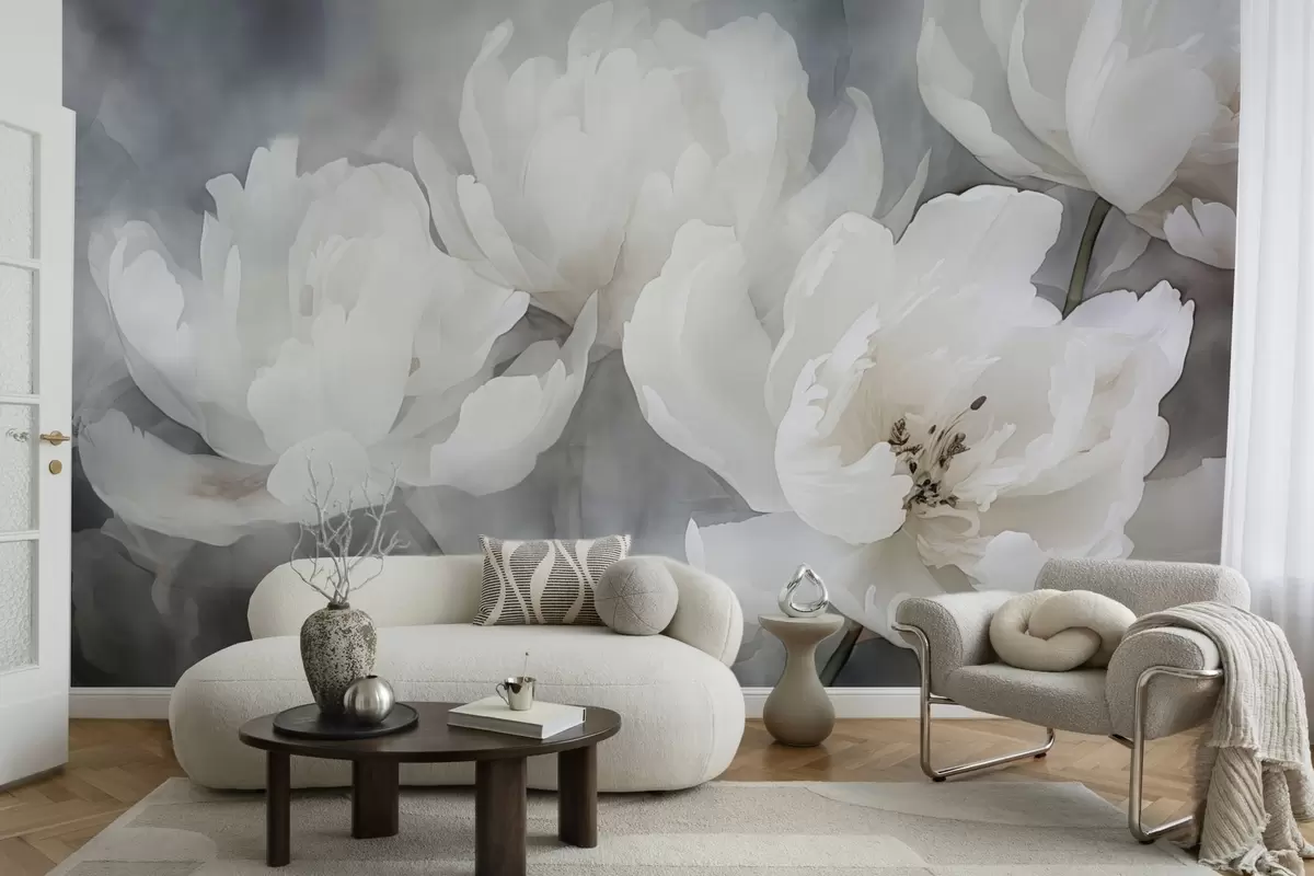 murales de pared Flores blancas sobre un fondo brumoso y delicado w04441