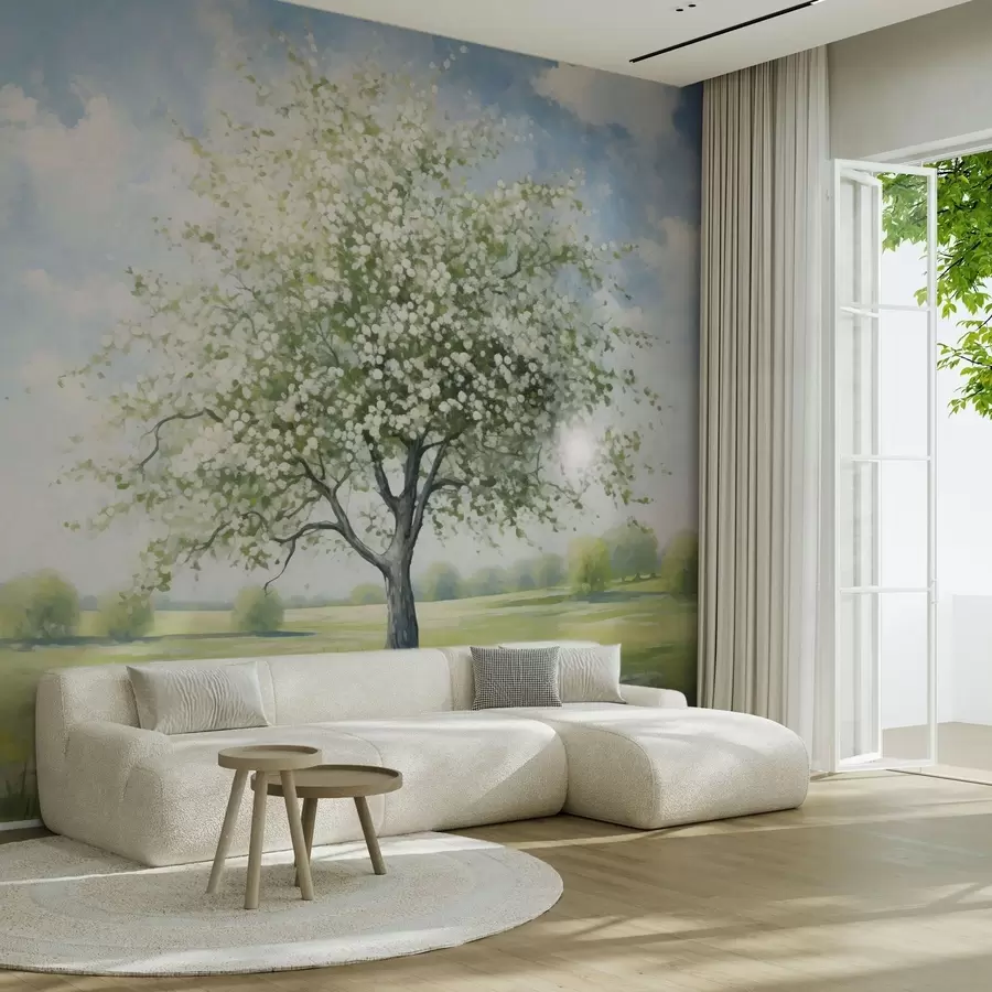 murales de pared Un árbol solitario en un campo con flores blancas w04445