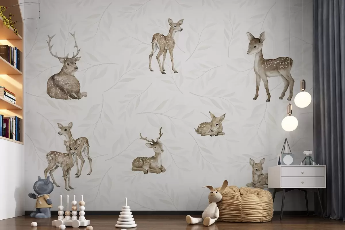 murales de pared Lindos cervatillos sobre un fondo claro con ramitas w04461