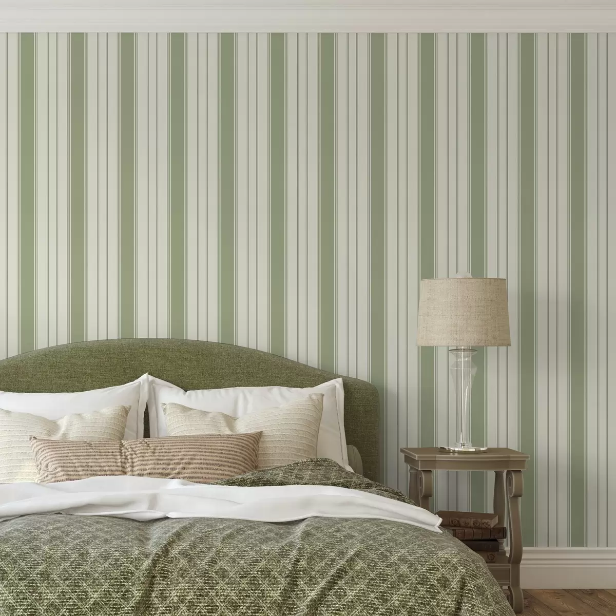 Papel pintado Fondo crema con rayas verticales verdes uniformes a00560
