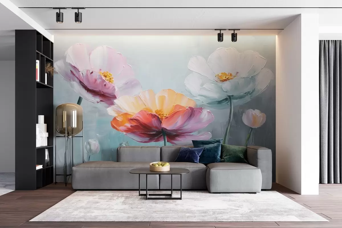 murales de pared Flores brillantes en técnica de pintura al óleo sobre fondo azul w09310