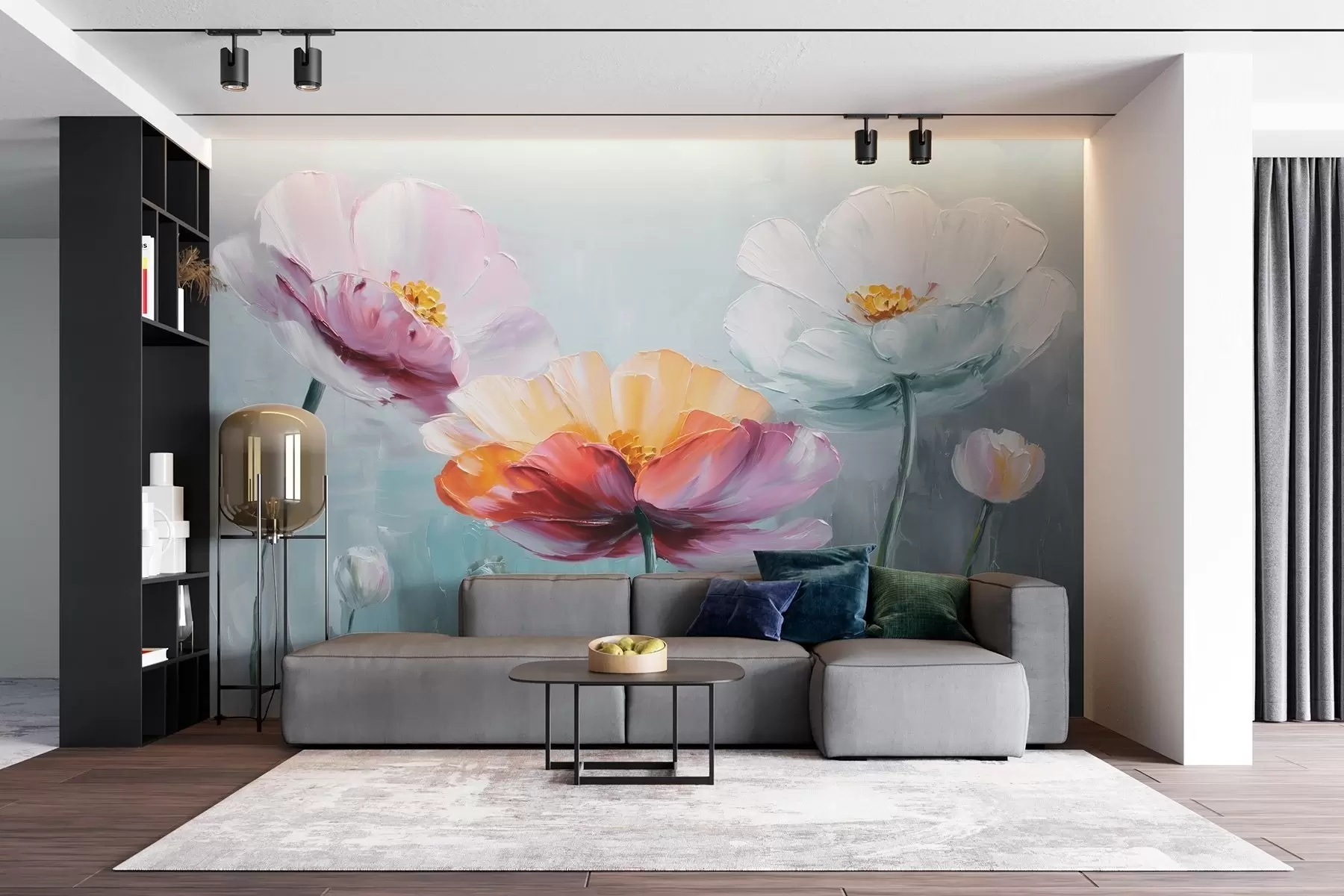 murales de pared Flores brillantes en técnica de pintura al óleo sobre fondo azul w09310