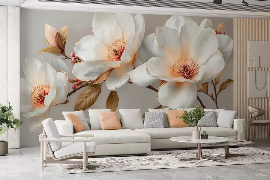 murales de pared Delicadas flores sobre una rama en tonos pastel con el centro naranja w09299