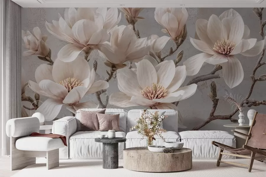 murales de pared Ramas de magnolia con grandes flores claras en tonos apagados w09305