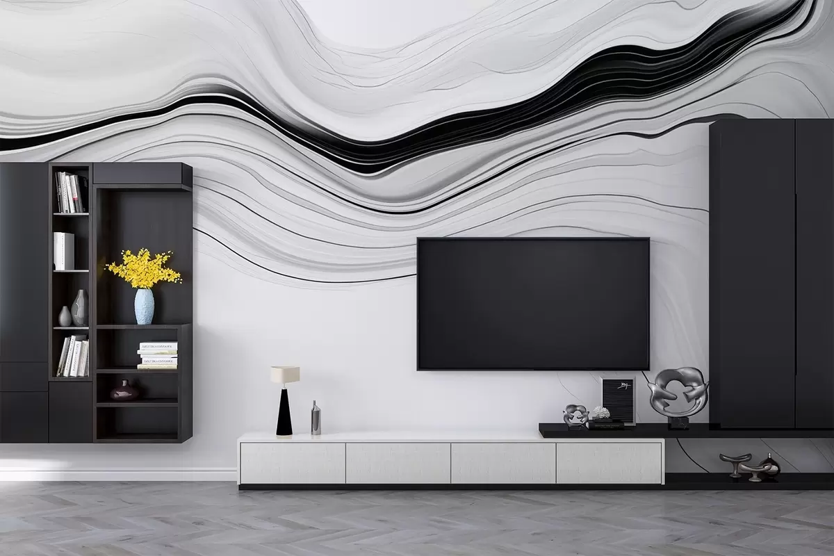 murales de pared Motivo en blanco y negro con efecto de capas de mármol w09358
