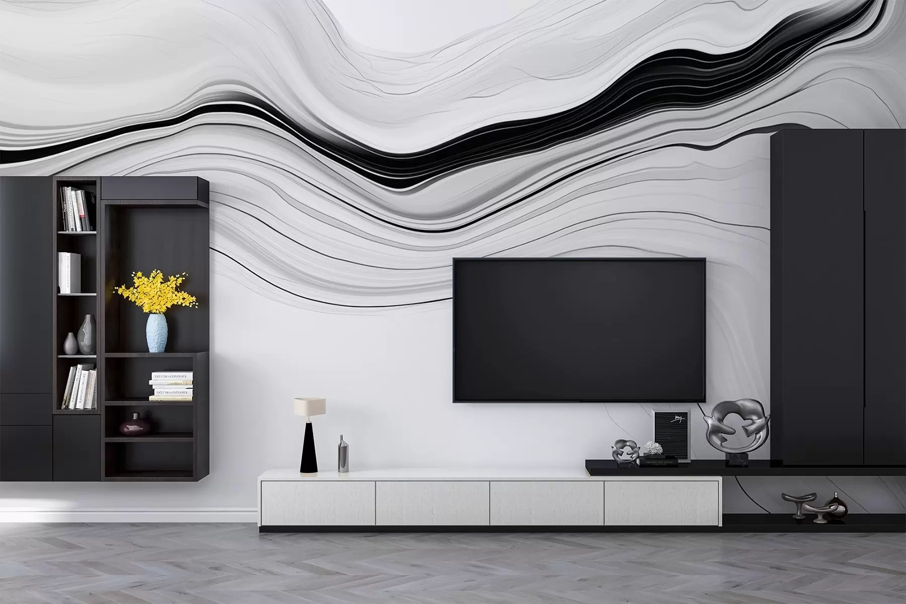 murales de pared Motivo en blanco y negro con efecto de capas de mármol w09358
