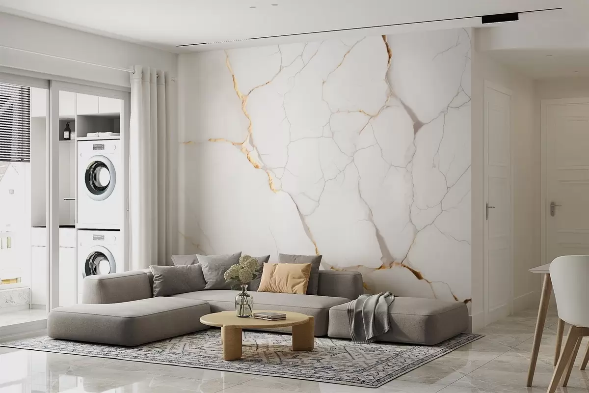 murales de pared Imitación de mármol con finas grietas y vetas amarillas w09390