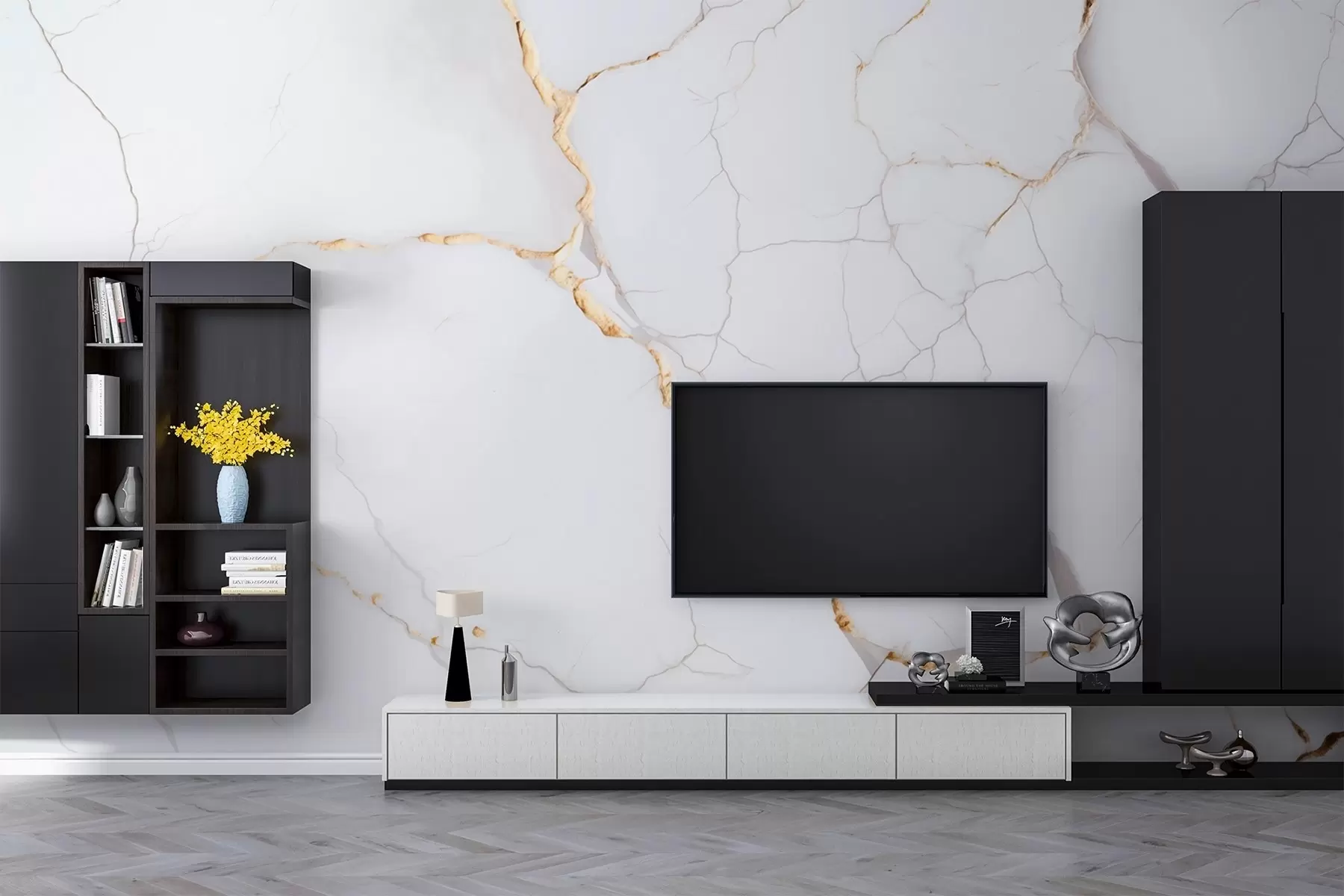 murales de pared Imitación de mármol con finas grietas y vetas amarillas w09390