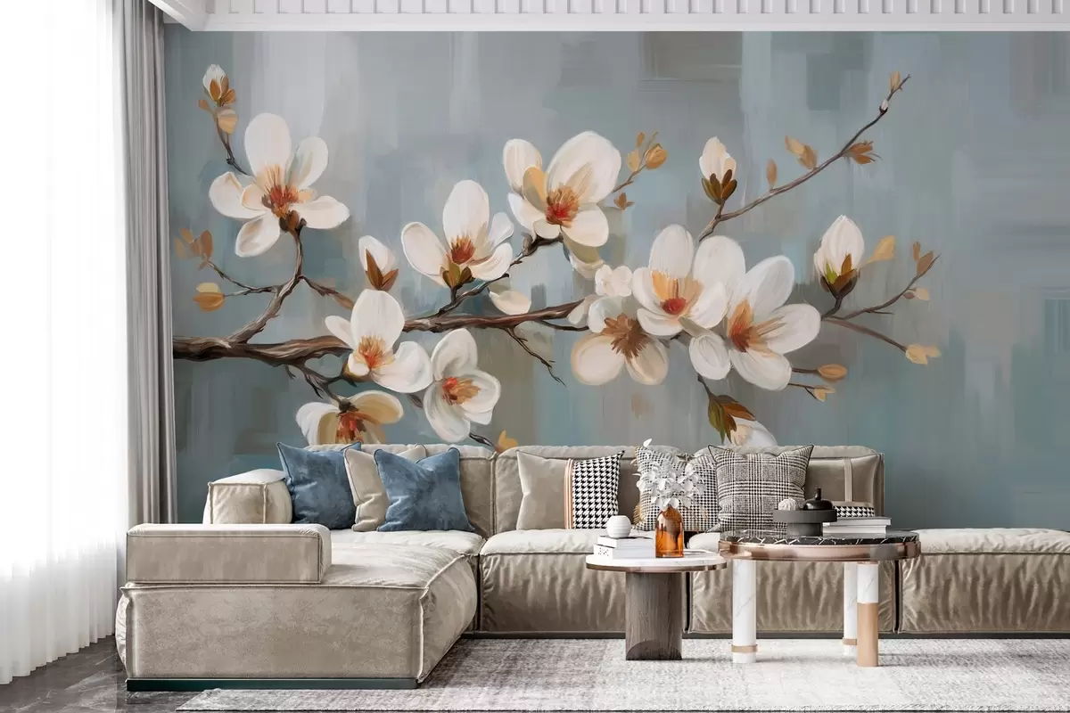 murales de pared Una rama en flor al estilo de la pintura al óleo sobre fondo azul w04496