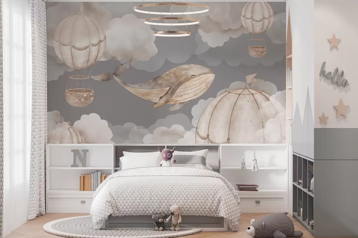murales de pared Ballenas y globos aerostáticos entre suaves nubes w04522