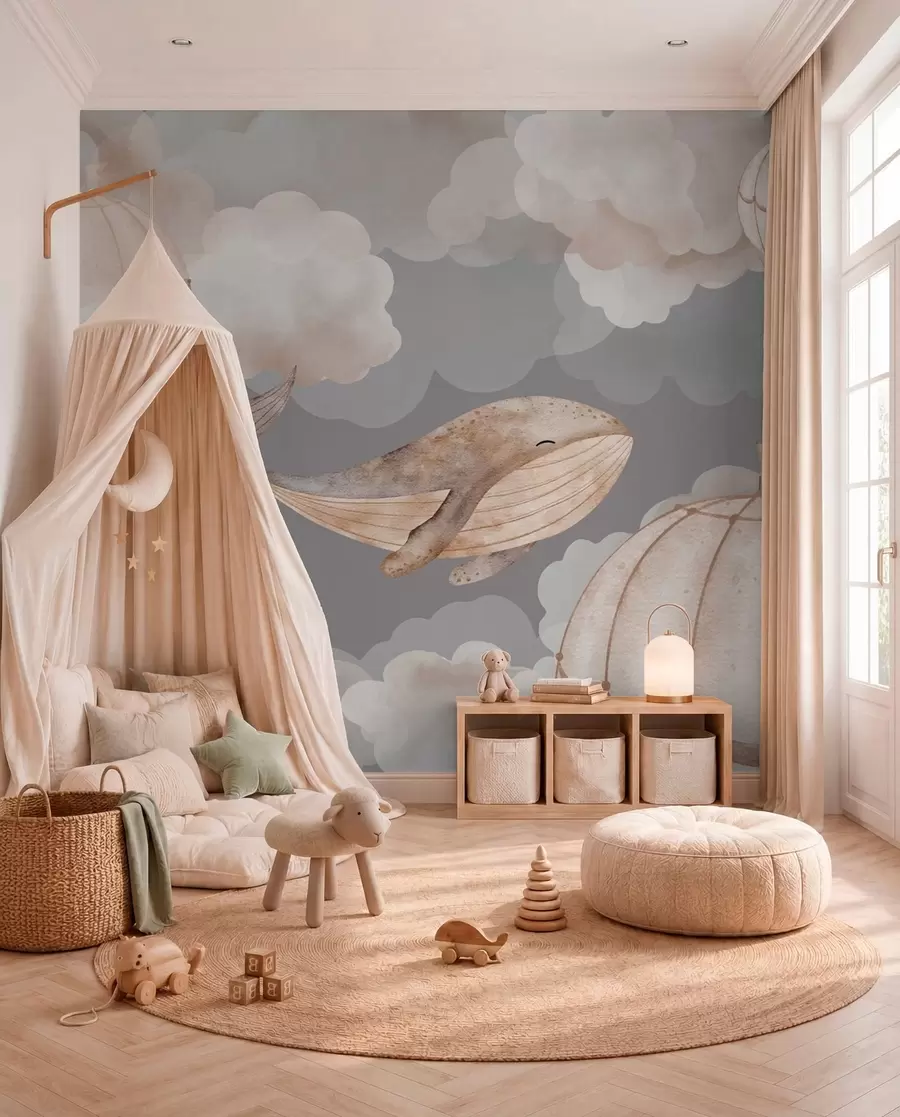 murales de pared Ballenas y globos aerostáticos entre suaves nubes w04522