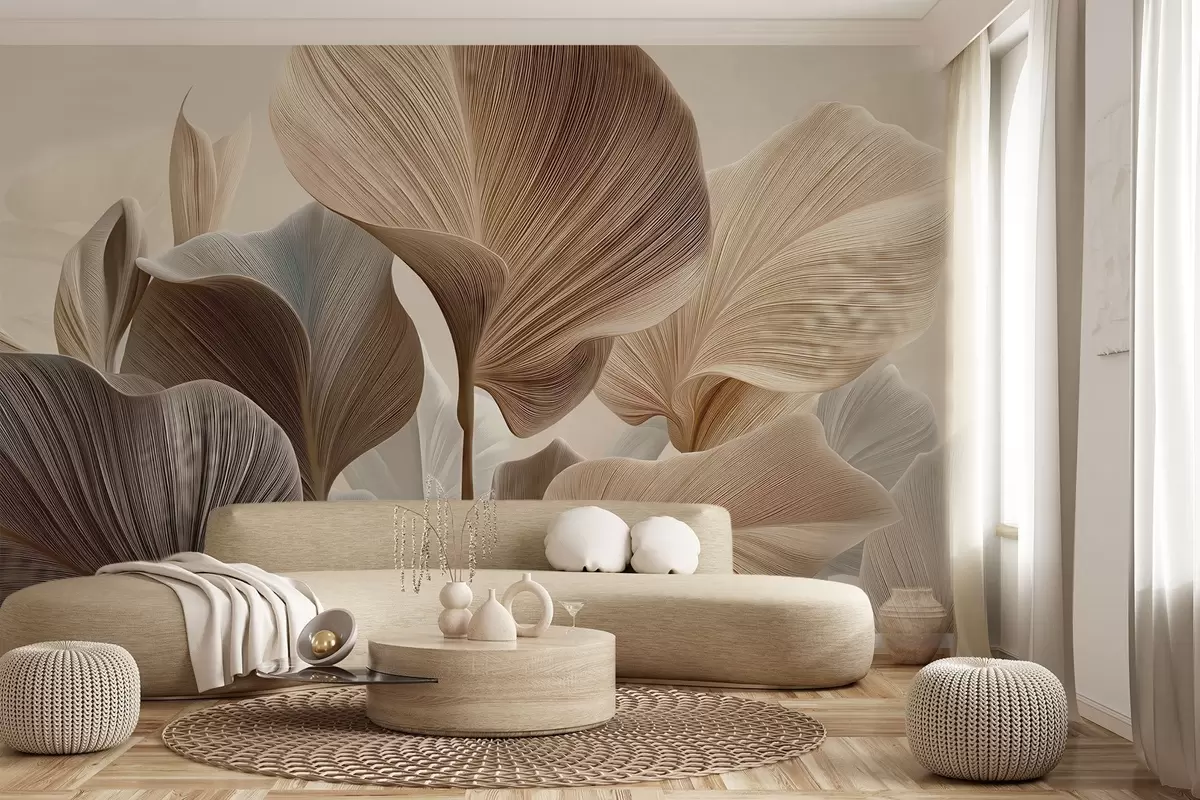 murales de pared Hojas elegantes de color beige con una textura lineal fina w04549