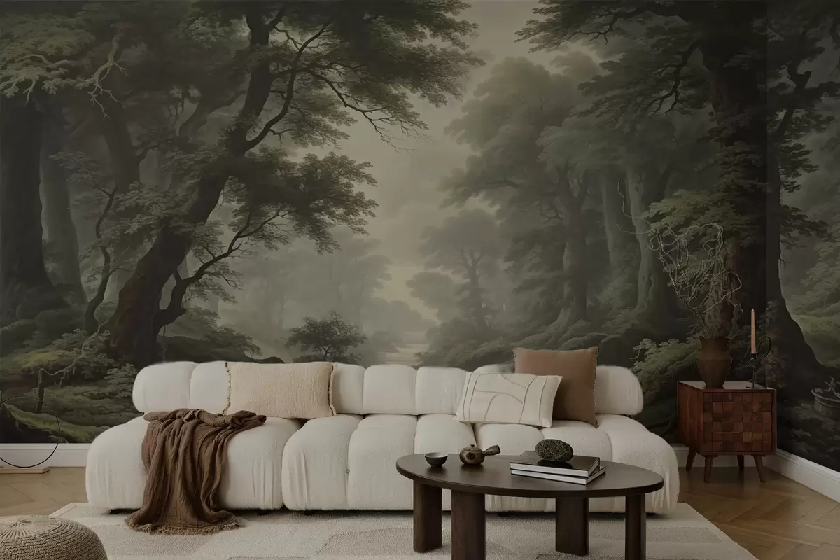 murales de pared Bosque brumoso con río y árboles antiguos de gran altura w04555
