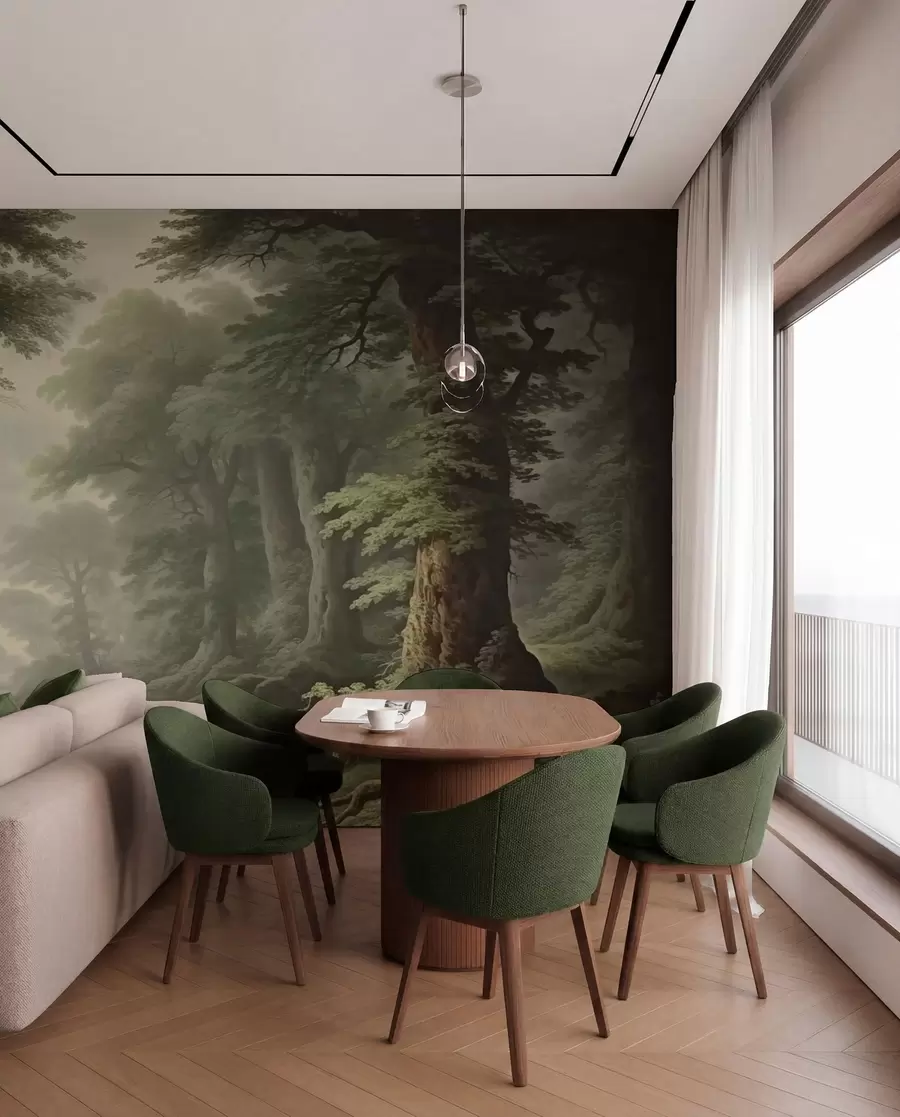 murales de pared Bosque brumoso con río y árboles antiguos de gran altura w04555