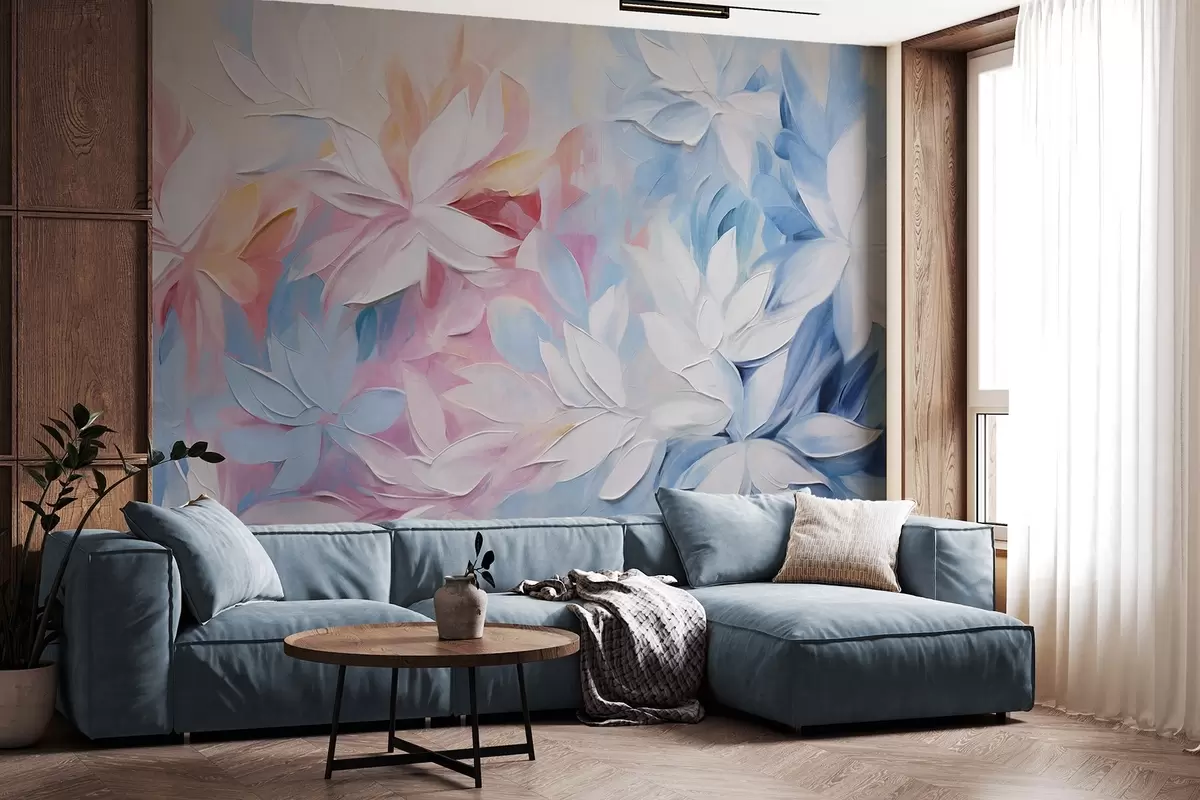 murales de pared Flores blancas con textura y hojas rosas y azules, pintura al óleo de estilo abstracto, pinceladas suaves, colores pastel w09396