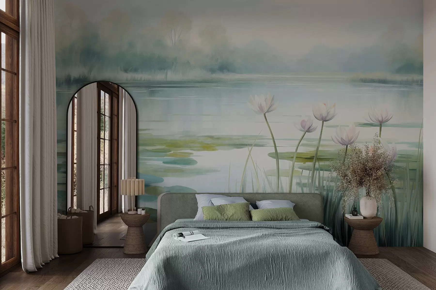 murales de pared Paisaje con un lago, nenúfares y hojas de nenúfar, árboles al fondo, en un entorno tranquilo, tonos azul claro y verde w09395