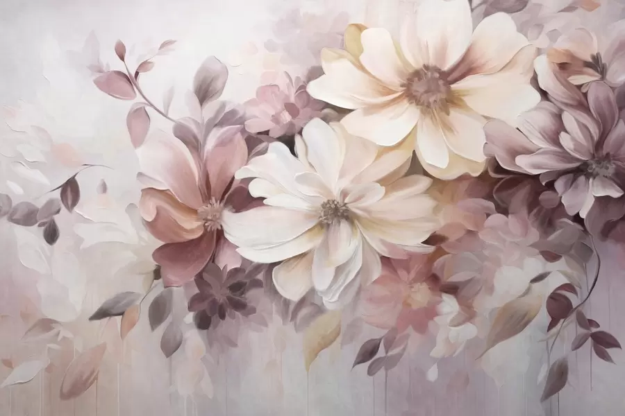 murales de pared Un arreglo floral con flores grandes de colores suaves y textura, en tonos burdeos, melocotón y blanco, con hojas delicadas w09398