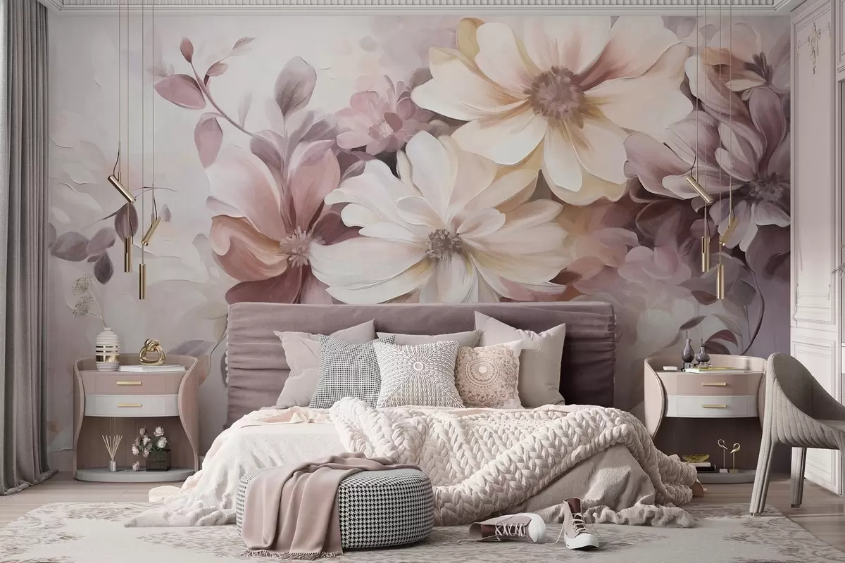 murales de pared Un arreglo floral con flores grandes de colores suaves y textura, en tonos burdeos, melocotón y blanco, con hojas delicadas w09398