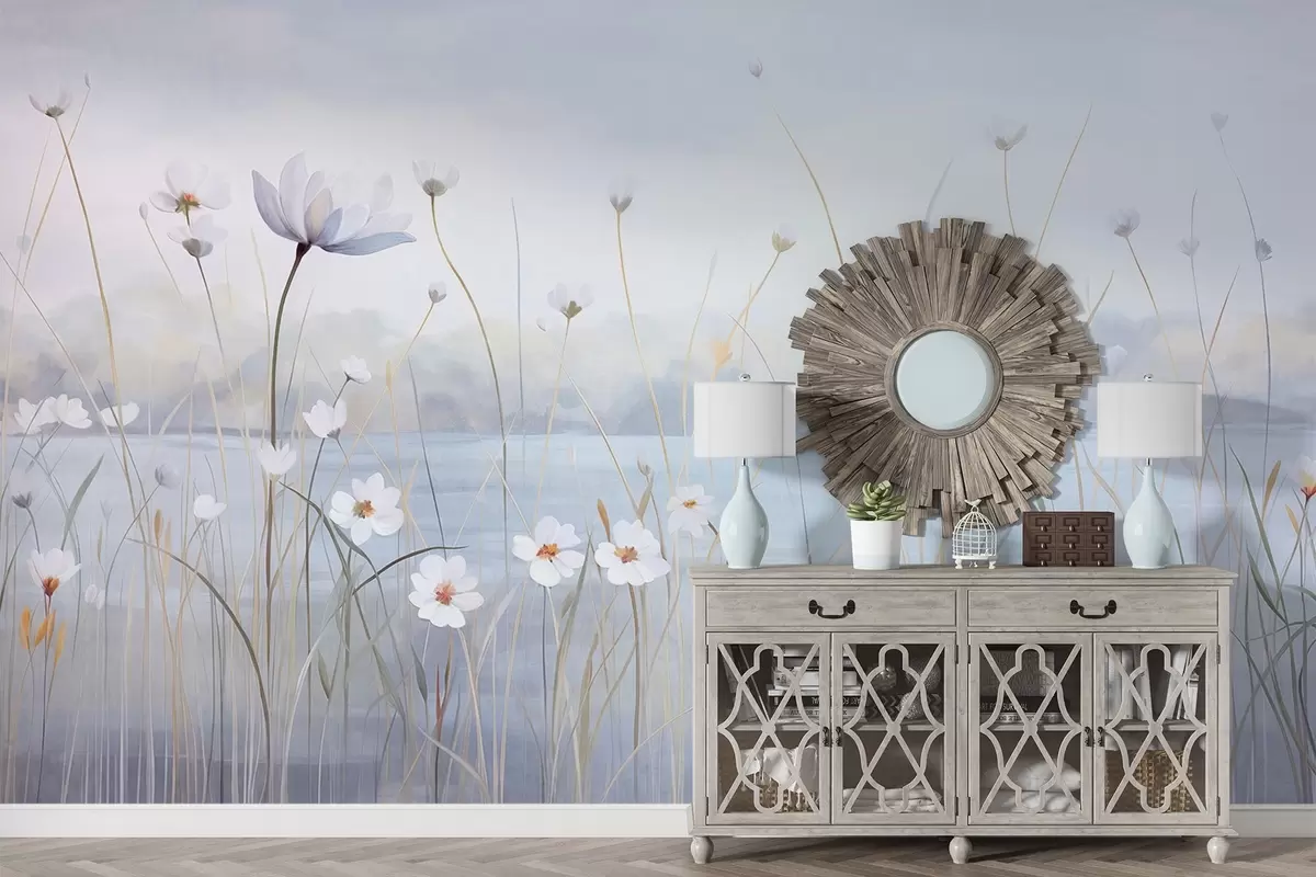 murales de pared Flores blancas con tallos largos en un campo, cielo azul claro, colores suaves, textura, estilo minimalista, inspirado en la naturaleza, fondo tranquilo w09401