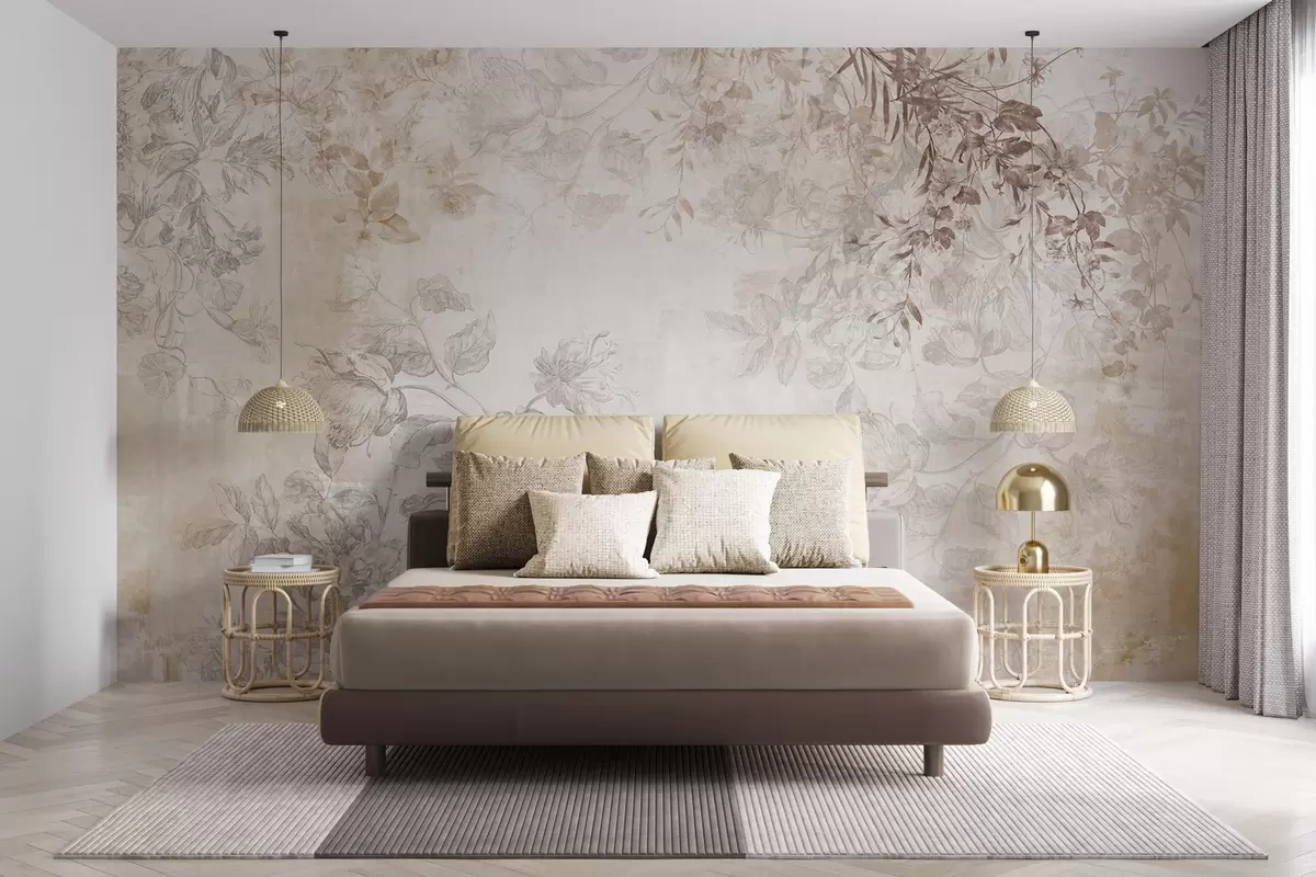 murales de pared Arte floral vintage con textura, ilustraciones de delicadas flores y hojas de jardín en estilo dibujo, suaves tonos pastel beige y sepia w09402