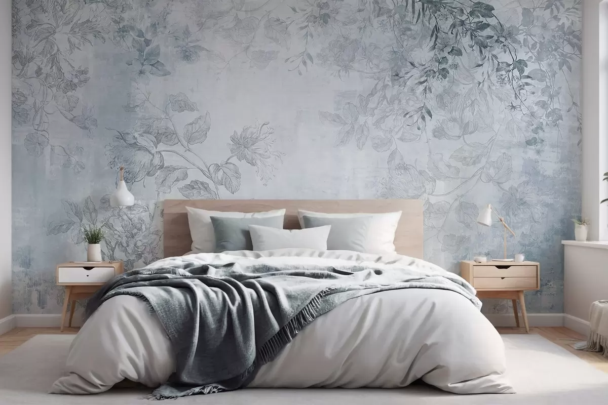 murales de pared Arte floral vintage con textura, ilustraciones de delicadas flores y hojas de jardín en estilo dibujo, tonos azules suaves w09402v1