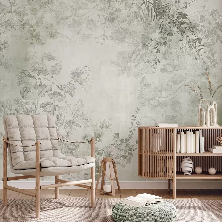 murales de pared Arte floral vintage con textura, ilustraciones de delicadas flores y hojas de jardín en estilo dibujo, tonos verdes suaves w09402v2