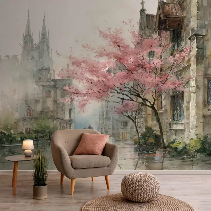 murales de pared paisaje urbano en estilo acuarela w04500