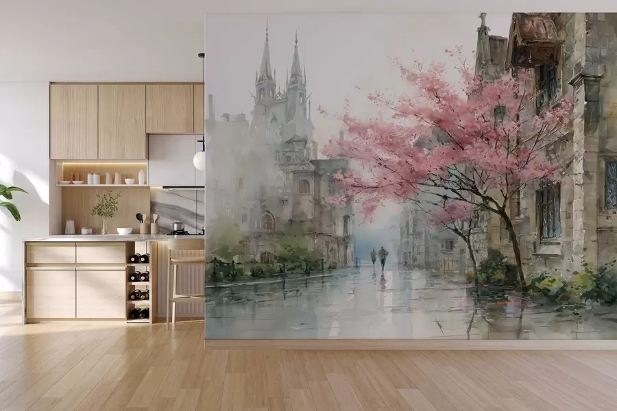 murales de pared paisaje urbano en estilo acuarela w04500