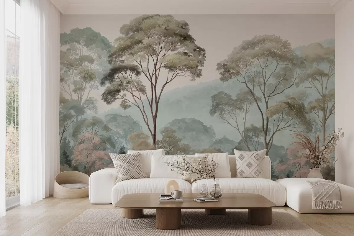 murales de pared Mañana brumosa en el bosque en estilo acuarela w09405