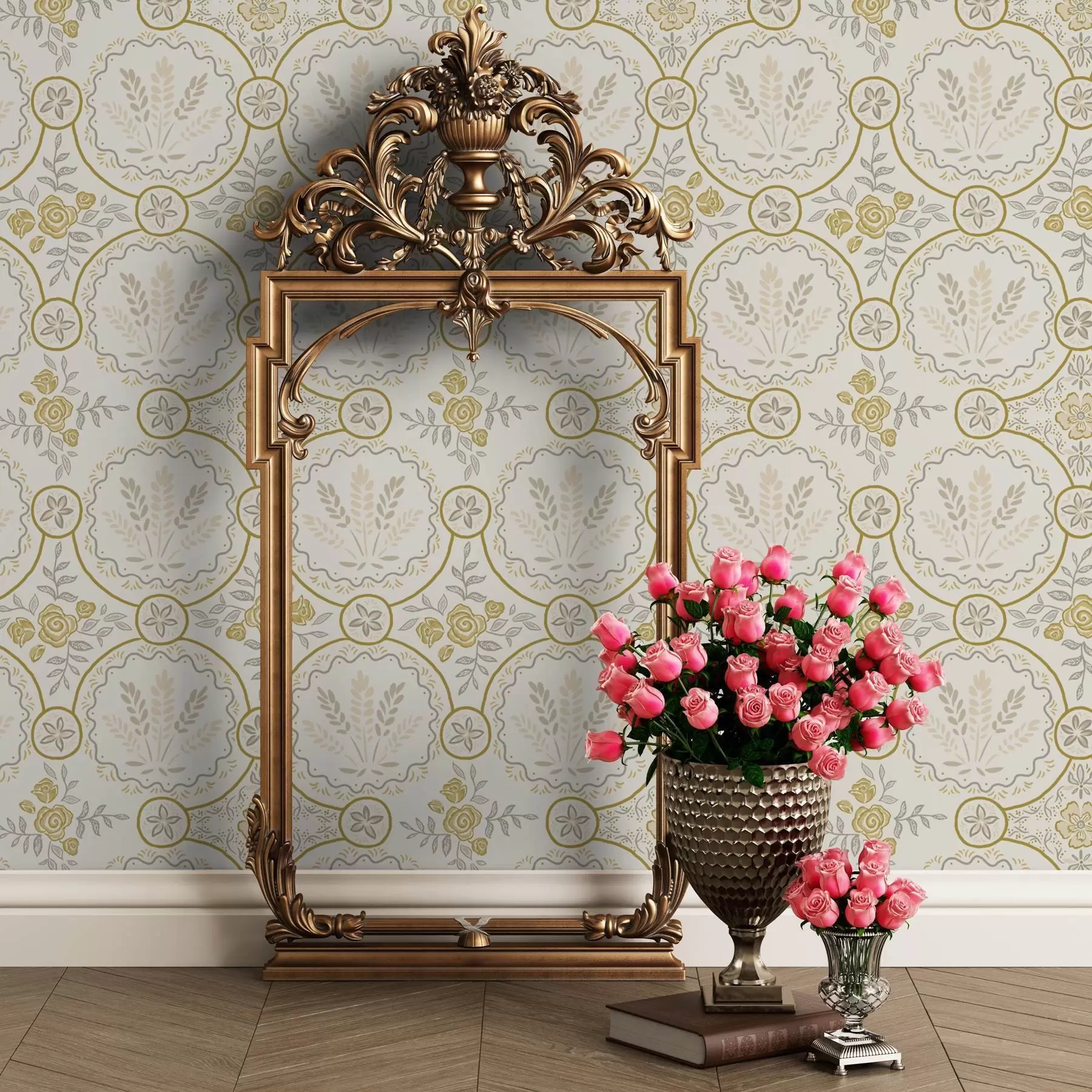 murales de pared Adorno retro con trigo y rosas en dorado a00595