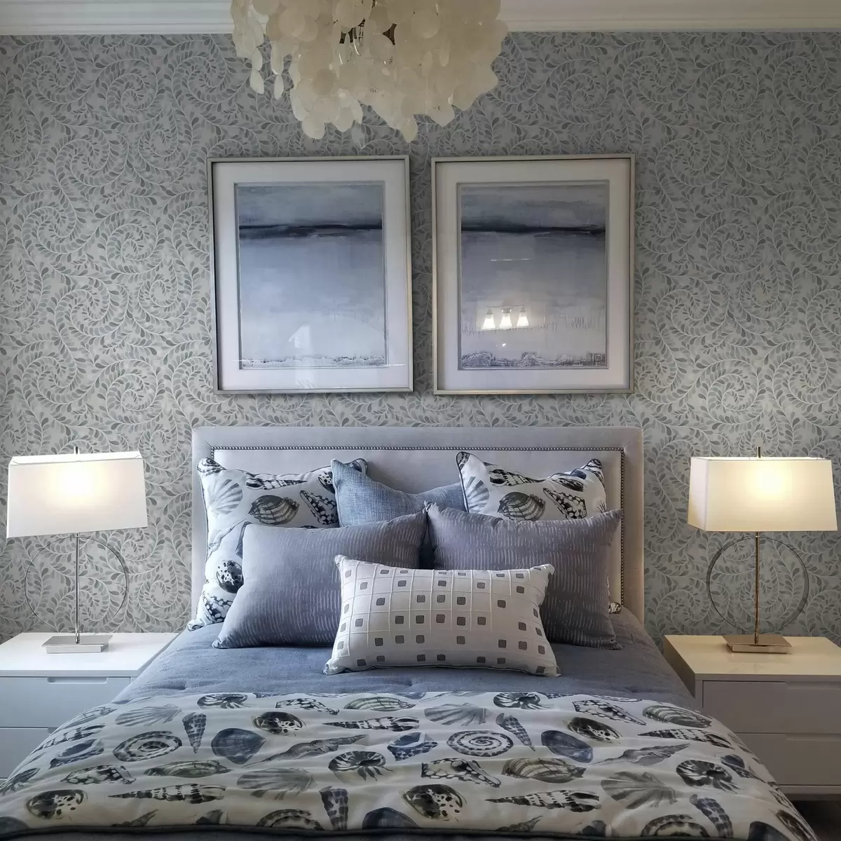 Papel pintado Hojas en espiral en una paleta de colores azul, gris y verde a00602