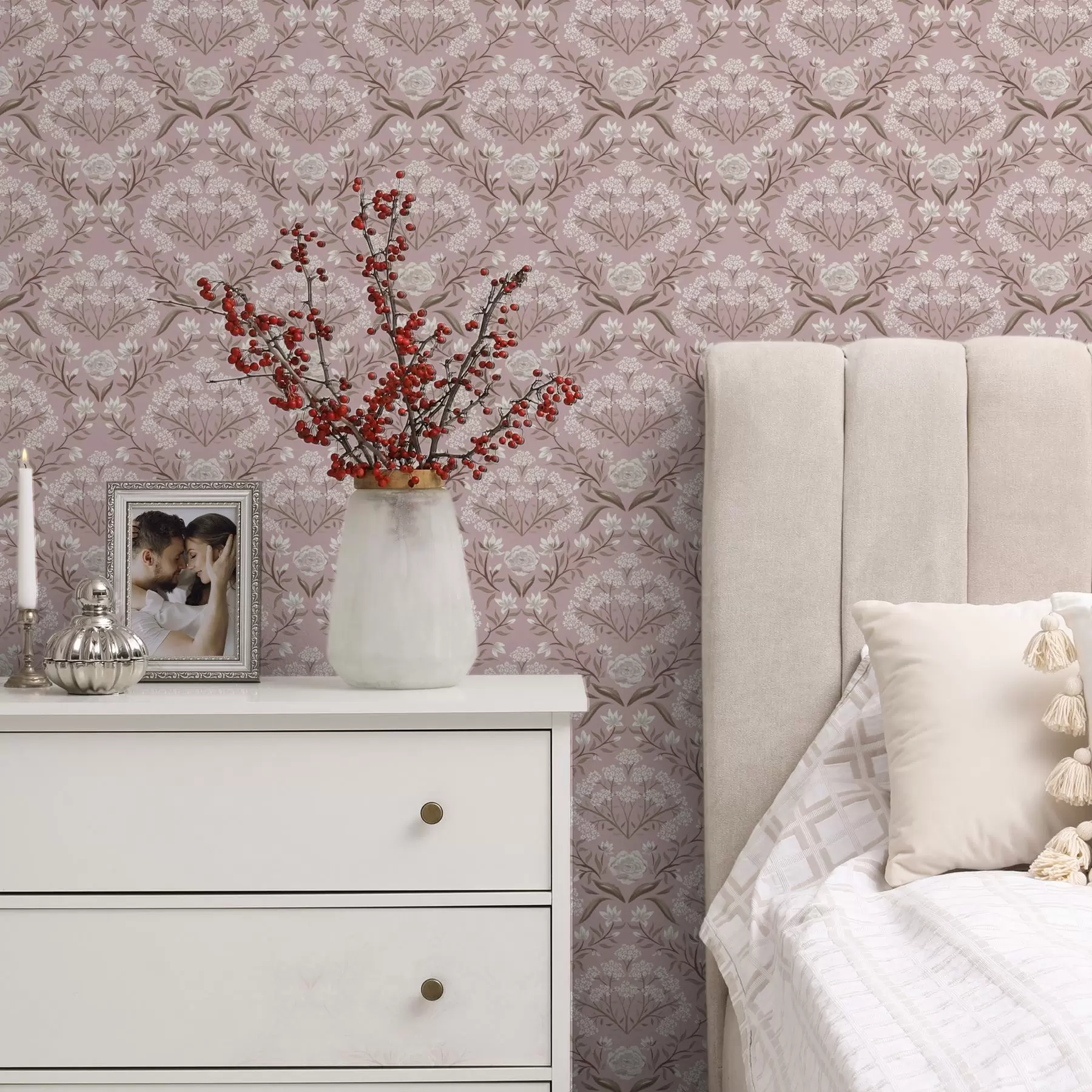 murales de pared Damasco rosa: peonías, campanillas de invierno y racimos de encaje a00603