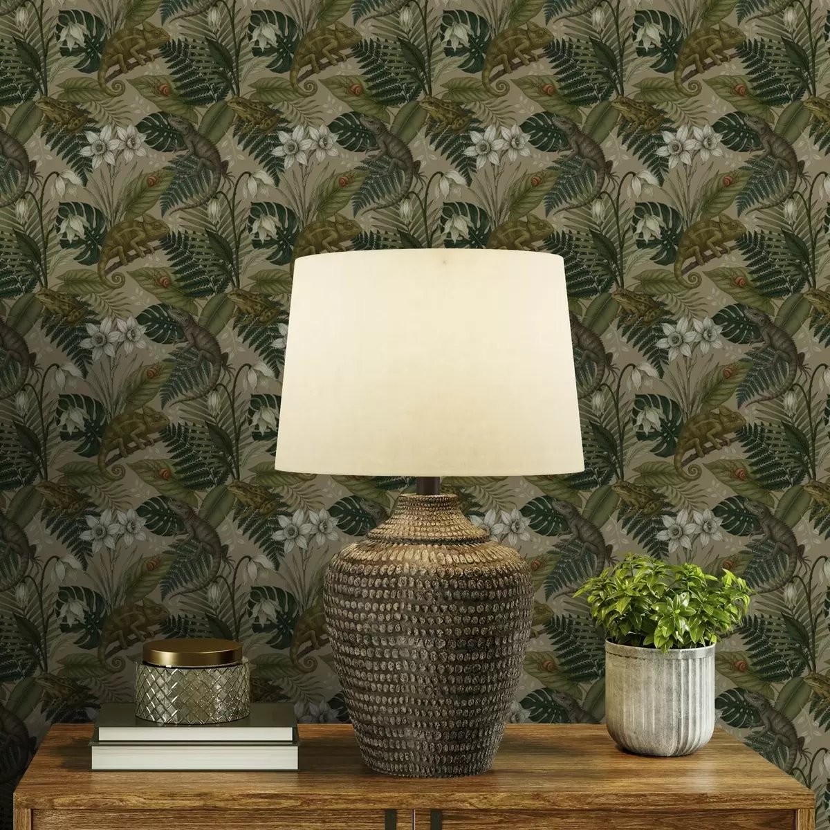 Papel pintado Camaleones y hojas tropicales, flores blancas, fondo beige a00608