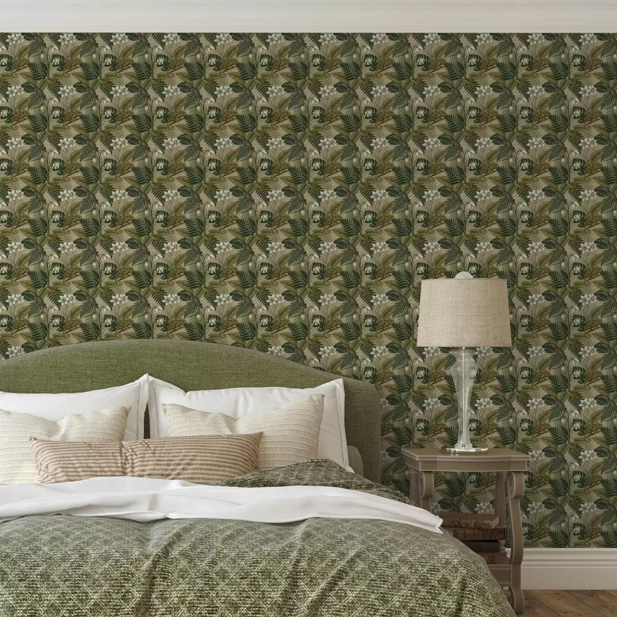 Papel pintado Camaleones y hojas tropicales, flores blancas, fondo beige a00608