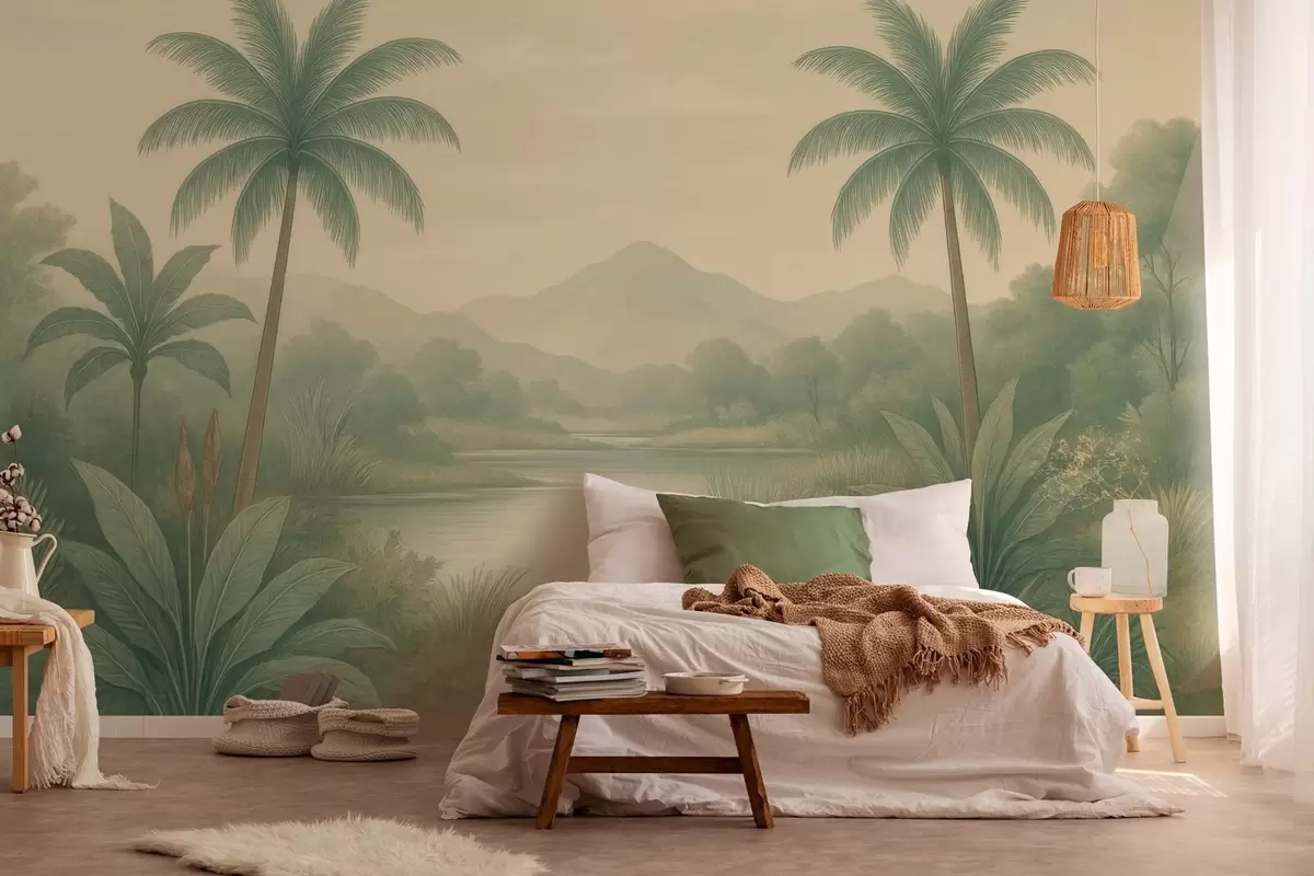 murales de pared paisaje tropical con palmeras y un río w04623