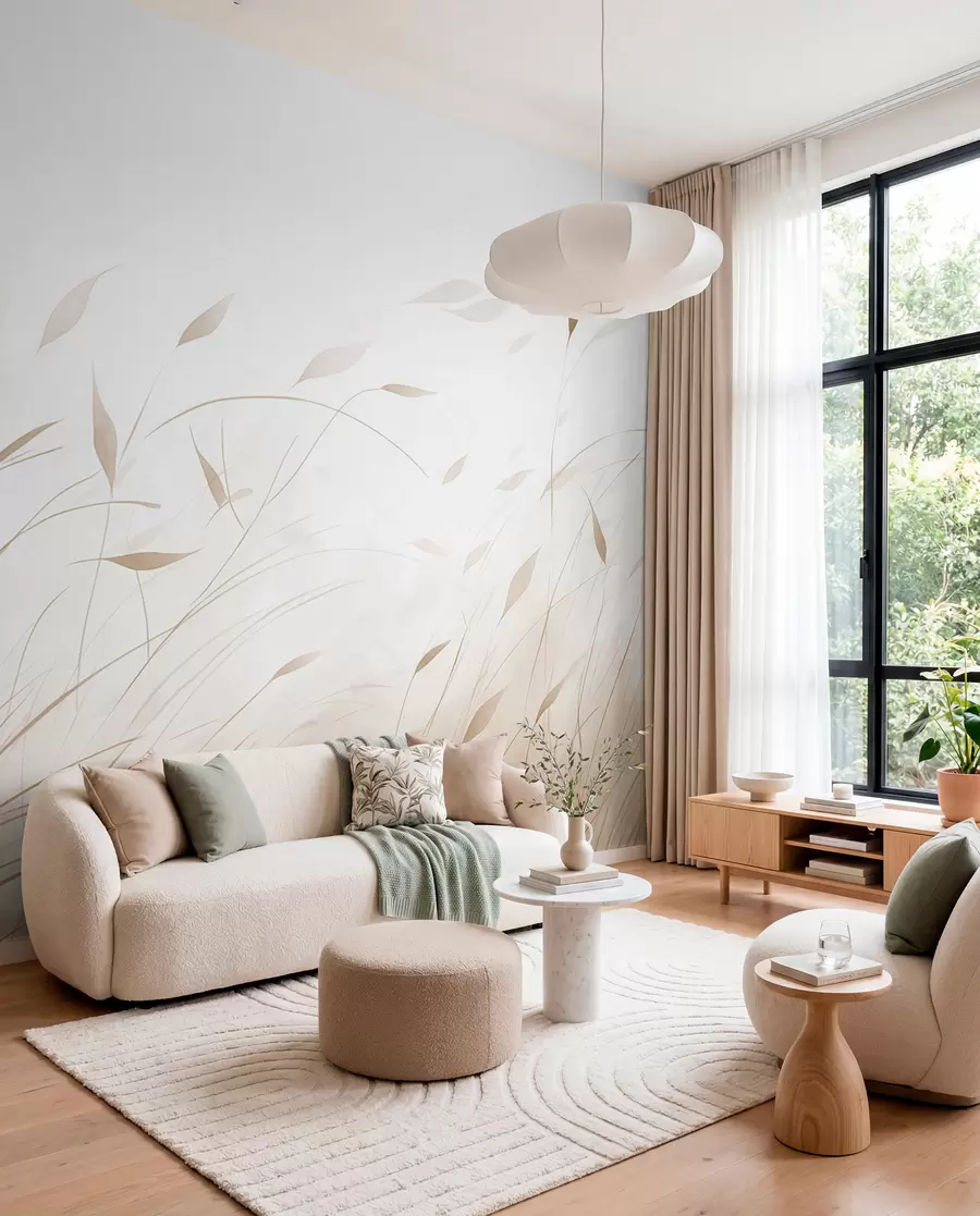 murales de pared Hierba al viento en estilo acuarela en tonos beige w09331v1