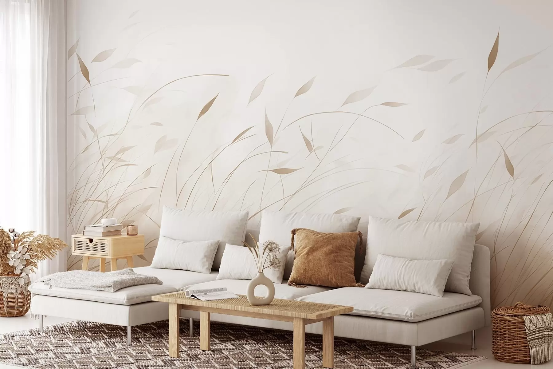 murales de pared Hierba al viento en estilo acuarela en tonos beige w09331v1